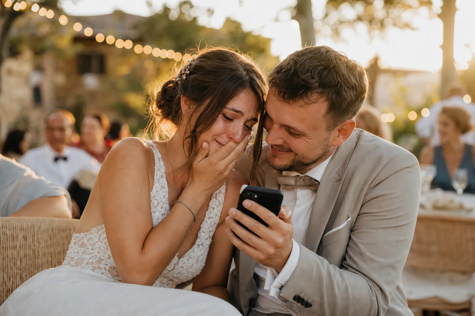 Sposi ascoltano insieme la canzone personalizzata per il matrimonio e sorridono