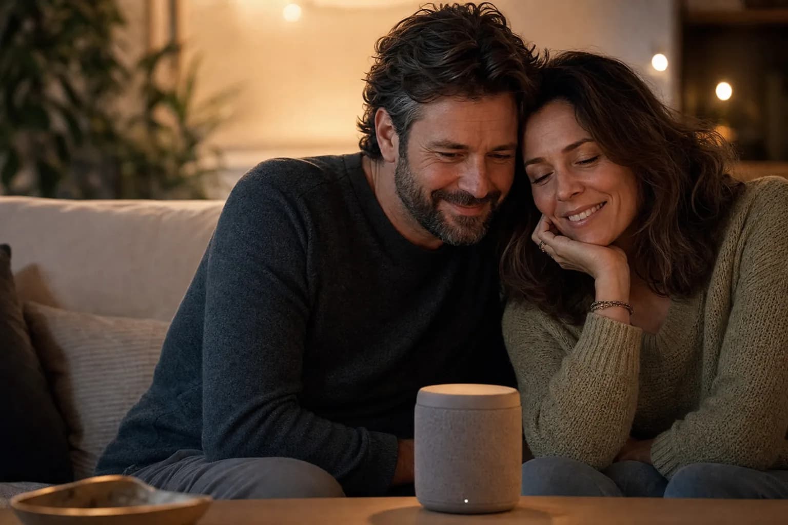 Due persone ascoltano insieme da uno speaker la loro canzone personalizzata