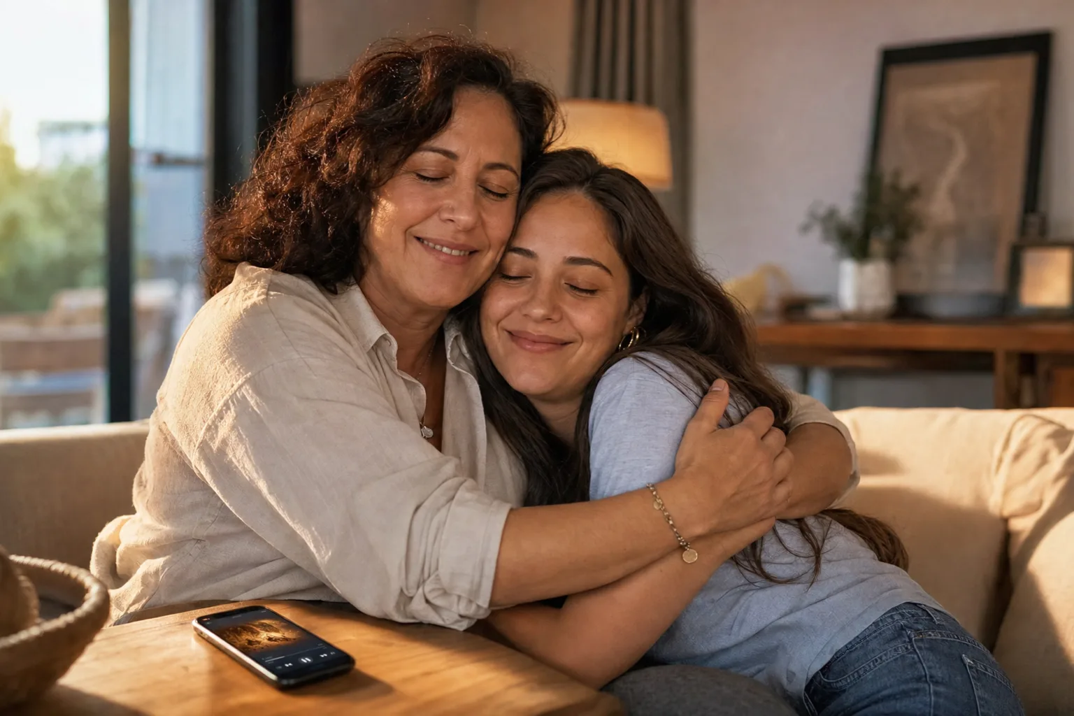 Madre e figlia adulta si abbracciano mentre parte la loro canzone