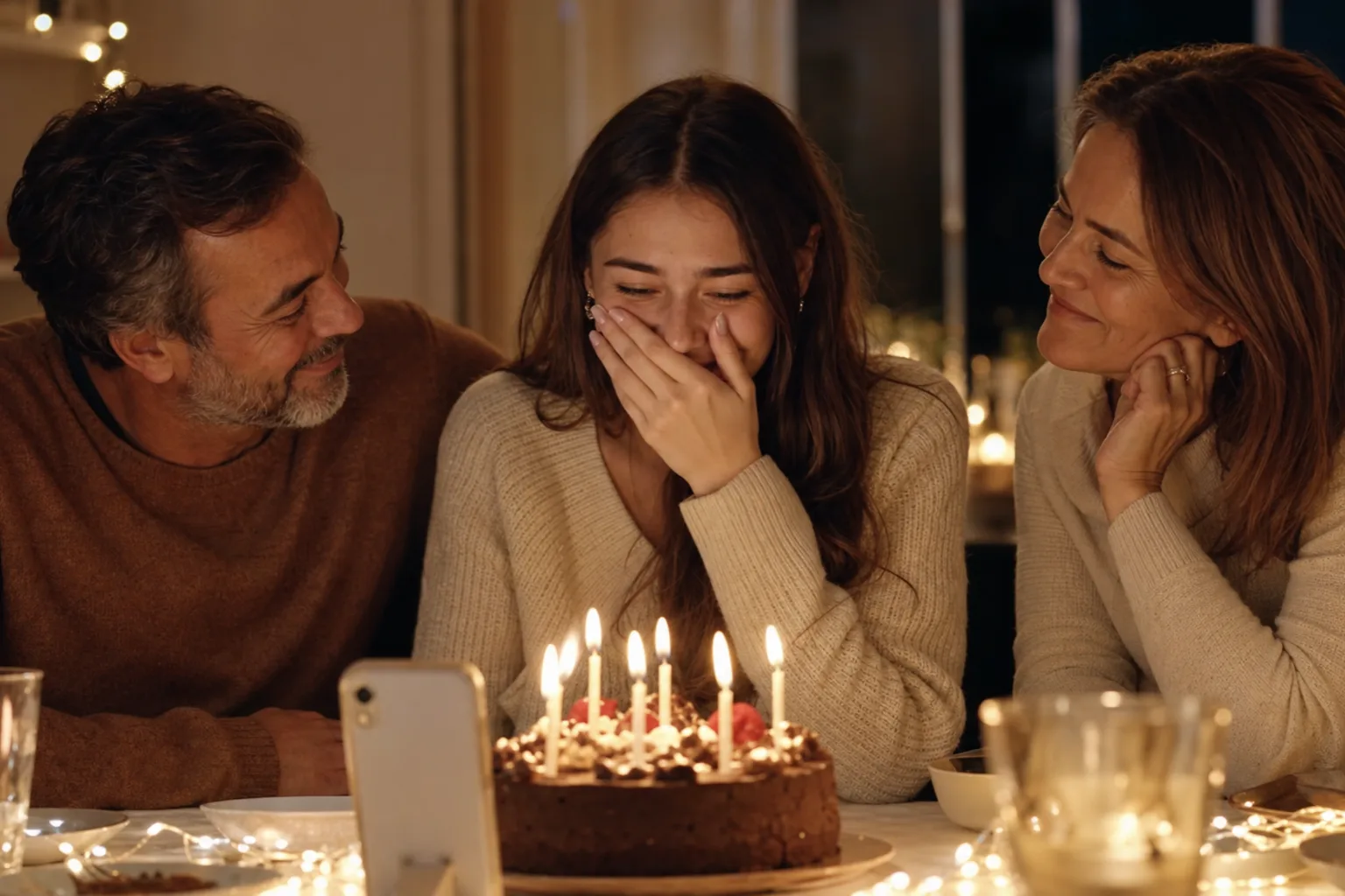 Una figlia ascolta commossa la canzone che i suoi genitori hanno fatto creare