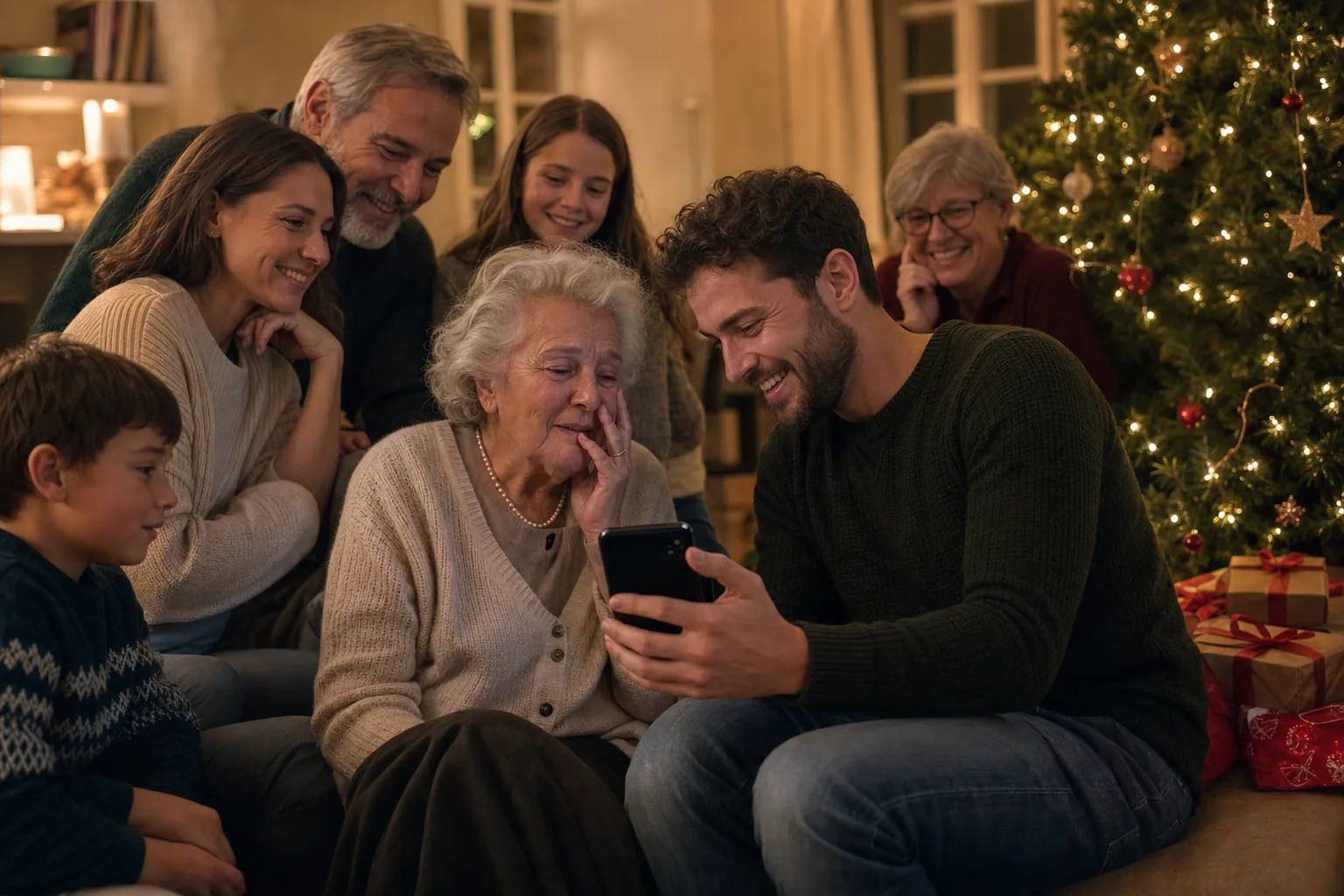La famiglia ascolta insieme a Natale una canzone personalizzata vicino all'albero
