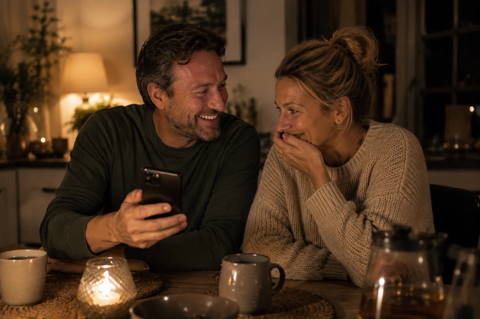 Un uomo fa ascoltare alla moglie la canzone personalizzata sul telefono, ridono entrambi