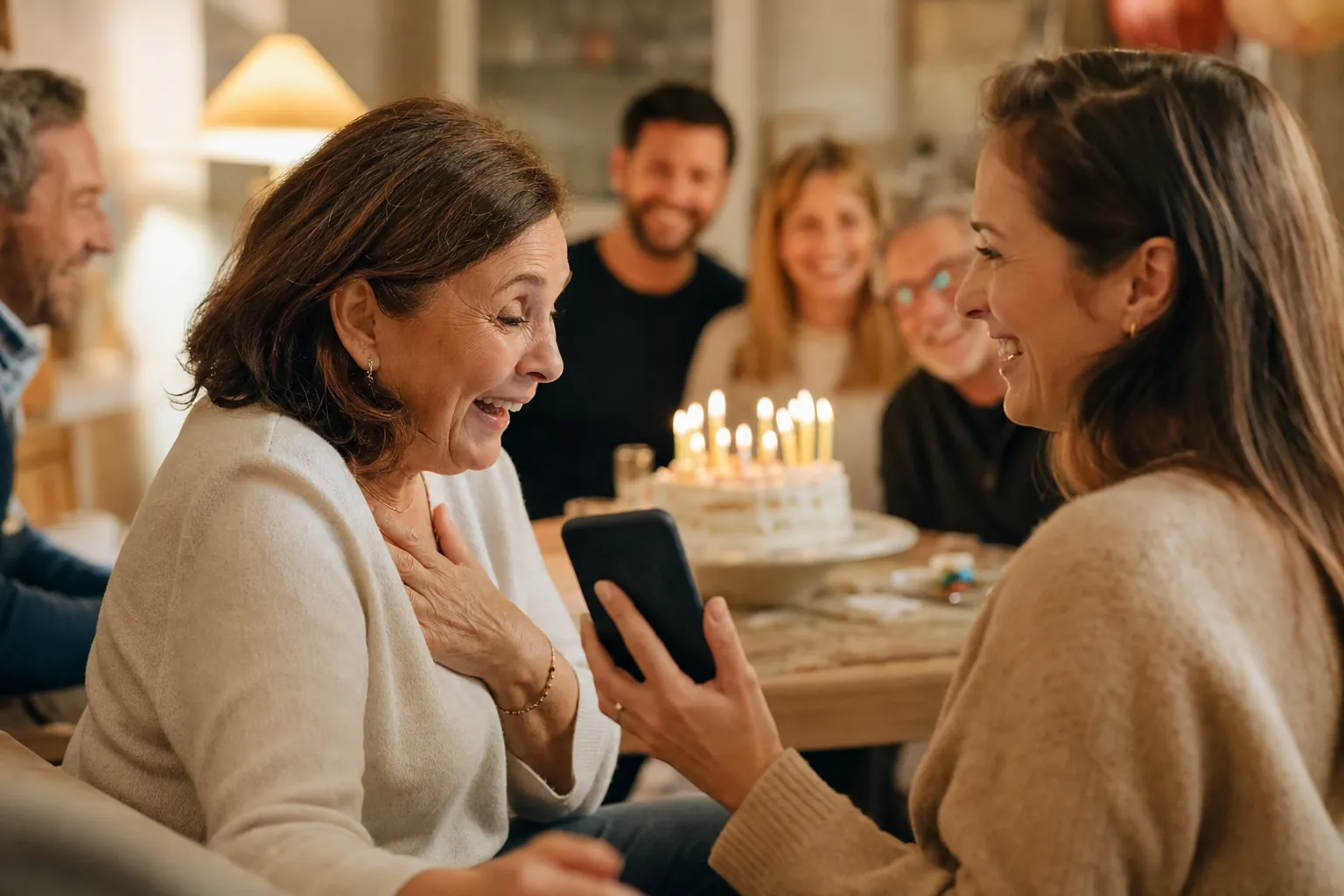 La festeggiata ascolta sorpresa la canzone di compleanno personalizzata sul telefono