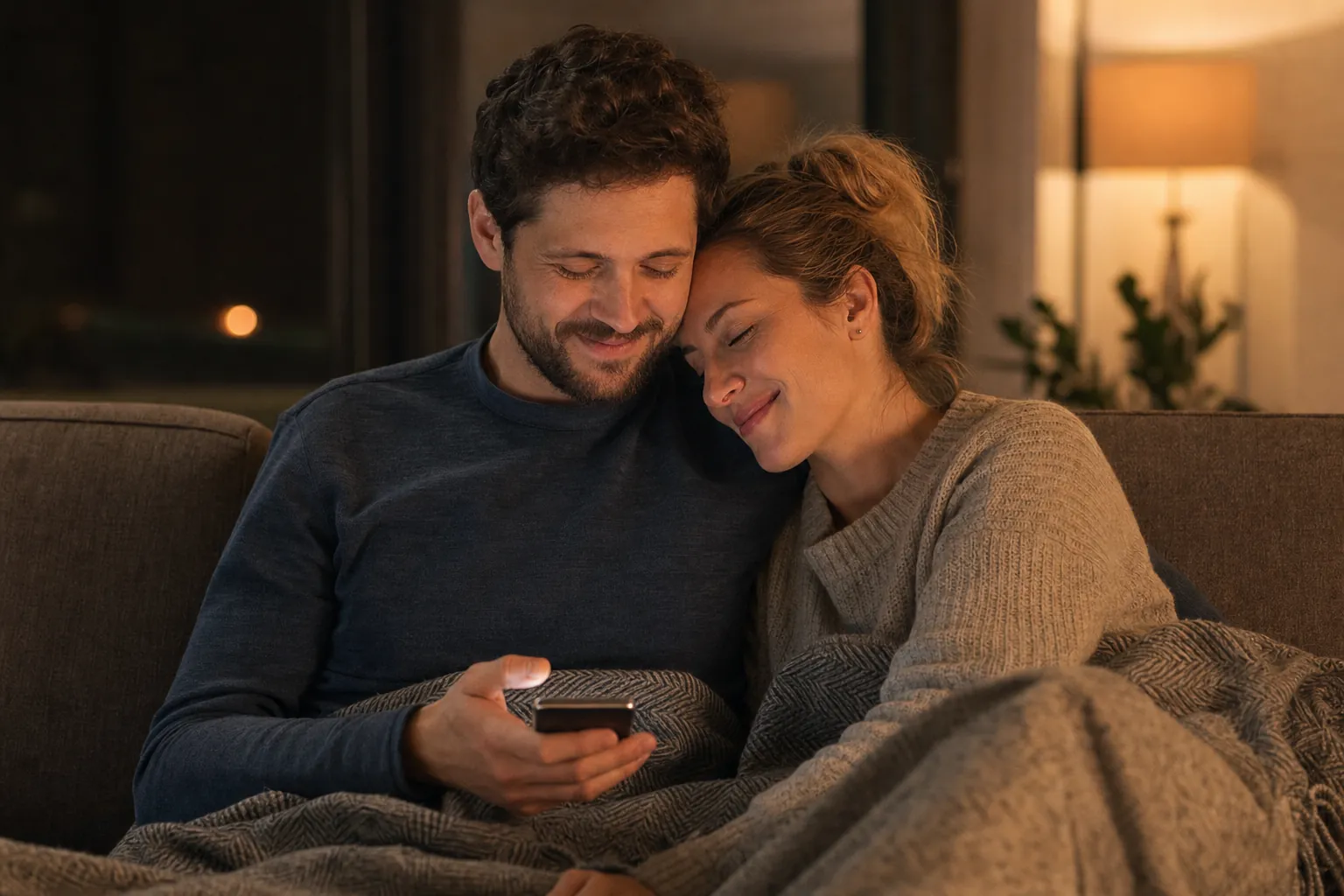 Una coppia ascolta insieme la canzone d'amore personalizzata e si abbraccia