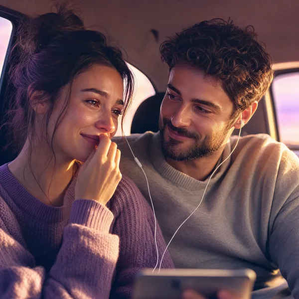 Una coppia in macchina ascolta insieme la canzone finita