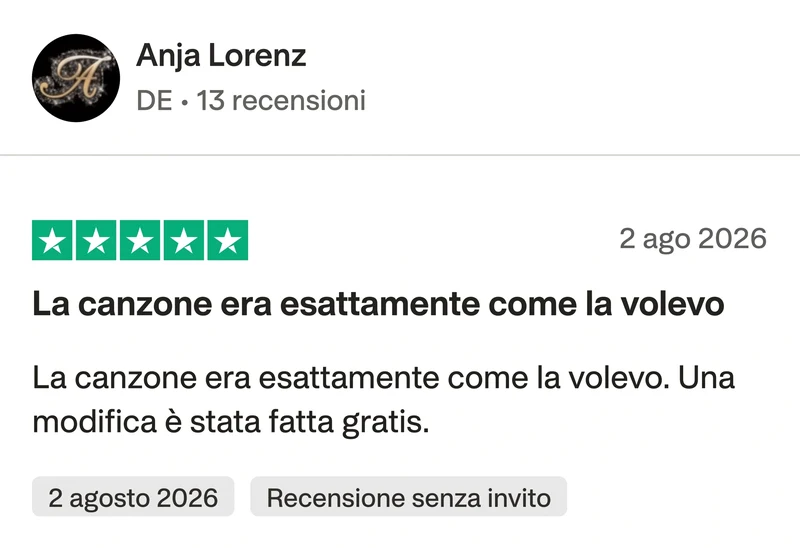 Recensione Trustpilot a 5 stelle di Anja Lorenz: La canzone era esattamente come la volevo. Una modifica è stata fatta gratis.