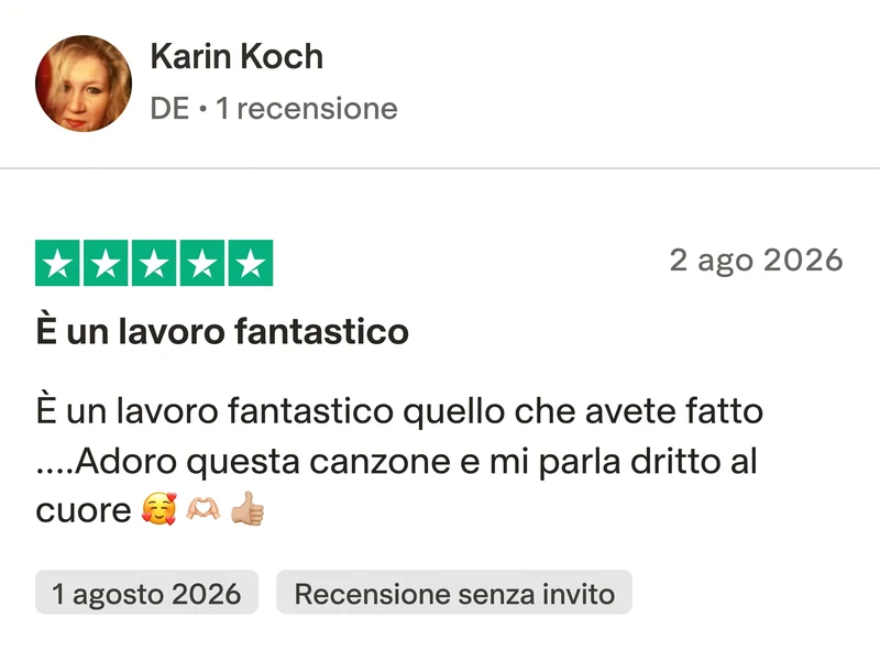Recensione Trustpilot a 5 stelle di Karin Koch: Avete fatto un lavoro fantastico. Adoro questa canzone e mi parla dritto al cuore.