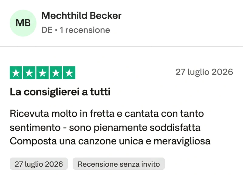 Recensione Trustpilot a 5 stelle di Mechthild Becker: La consiglierei a tutti. Ricevuta molto in fretta e cantata con tanto sentimento, sono pienamente soddisfatta. Composta una canzone unica e meravigliosa