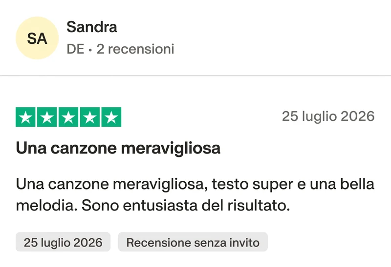 Recensione Trustpilot a 5 stelle di Sandra: Una canzone meravigliosa, testo super e una bella melodia. Sono entusiasta del risultato.